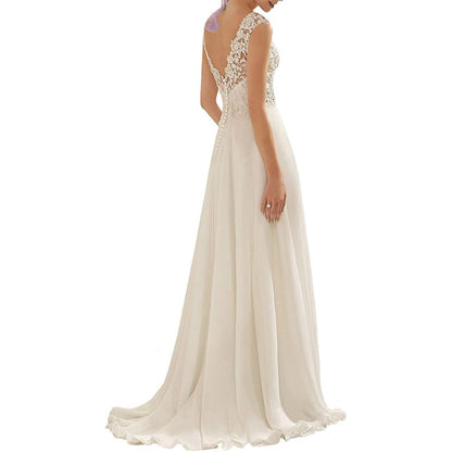 sd-hk Women's Wedding Dress Lace Double V-Neck Sleeveless Evening Dress