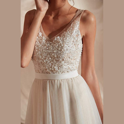 sd-hk Bride V-Neck A-line Lace Tulle Long Beach Wedding Dress for Women