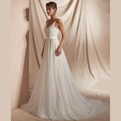 sd-hk Bride V-Neck A-line Lace Tulle Long Beach Wedding Dress for Women