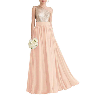 Women One Shoulder Sequin Bridesmaid Dresses Long Chiffon Formal Dresses