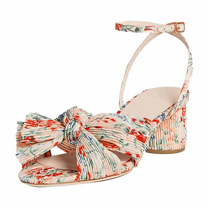 Floral bridal bow knot heeled sandals with adjustable ankle strap and stylish design