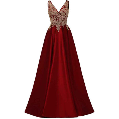Women's V Neck Appliques Prom Dresses Long Satin Evening Dress Formal Party Gown