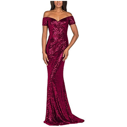 sd-hk Women's Off Shoulder Sequins Evening Dress Long Mermaid Side Slit Formal Dresses