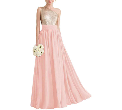 Women One Shoulder Sequin Bridesmaid Dresses Long Chiffon Formal Dresses