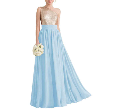 Women One Shoulder Sequin Bridesmaid Dresses Long Chiffon Formal Dresses
