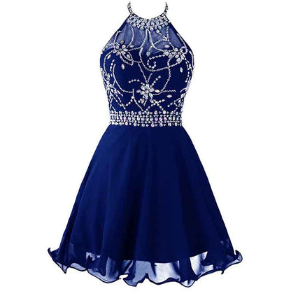 Women's Beaded Halter Homecoming Dress Short Tulle Prom Dress