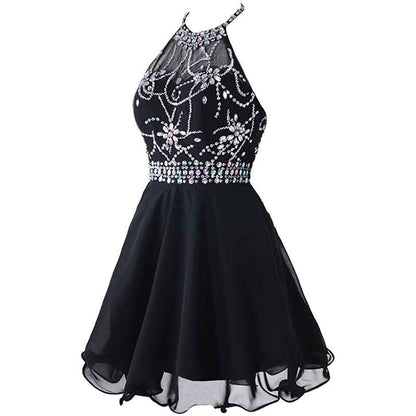 Women's Beaded Halter Homecoming Dress Short Tulle Prom Dress
