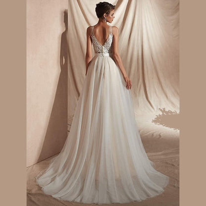 sd-hk Bride V-Neck A-line Lace Tulle Long Beach Wedding Dress for Women