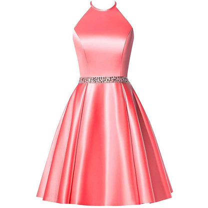 Short Prom Dress Halter Homecoming Dresses with Pockets Satin Cocktail Dress