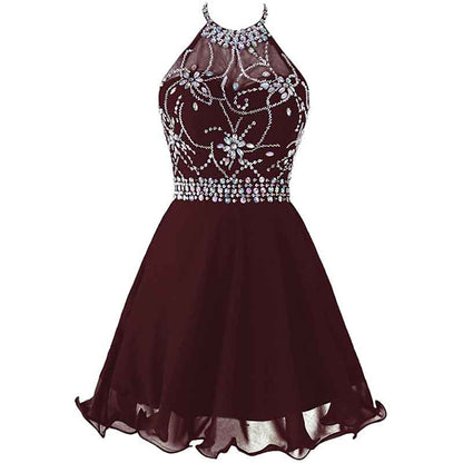 Women's Beaded Halter Homecoming Dress Short Tulle Prom Dress