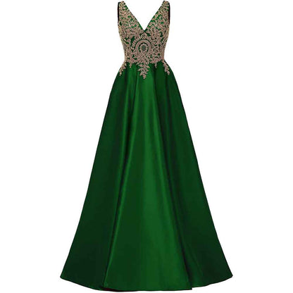 Women's V Neck Appliques Prom Dresses Long Satin Evening Dress Formal Party Gown