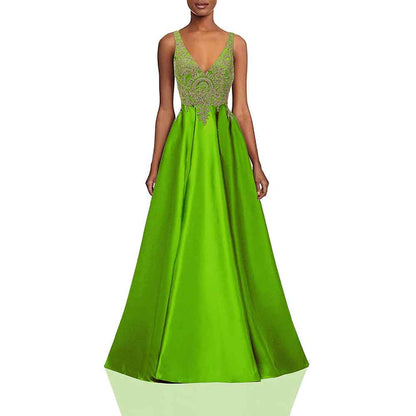 Women's V Neck Appliques Prom Dresses Long Satin Evening Dress Formal Party Gown