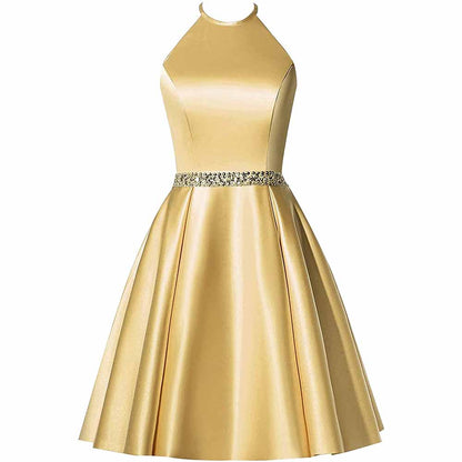 Short Prom Dress Halter Homecoming Dresses with Pockets Satin Cocktail Dress