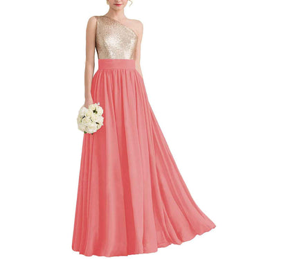 Women One Shoulder Sequin Bridesmaid Dresses Long Chiffon Formal Dresses