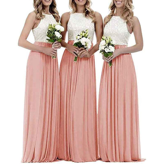 Lace Bridesmaid Dresses Sleeveless Long A Line Chiffon Wedding Guest Dresses