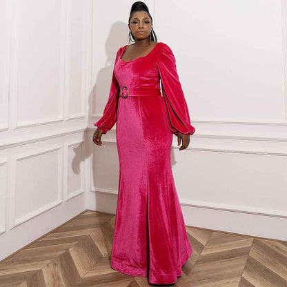 Women's plus size Velvet Mermaid Rosy Prom Dress Long Evening Party Dresses