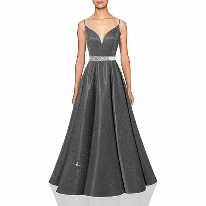 Women Prom Dress Long V-Neck Spaghetti Beaded Belt Formal Evening Ball Gowns