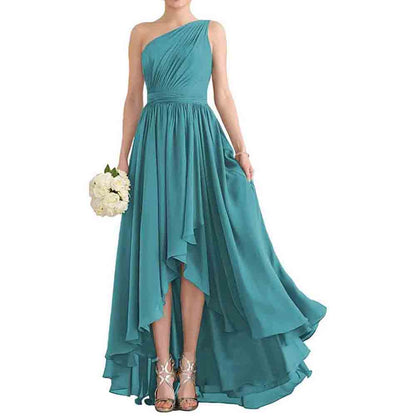 Women's One Shoulder Bridesmaid Dresses High Low Chiffon Evening Formal Gown with Pockets
