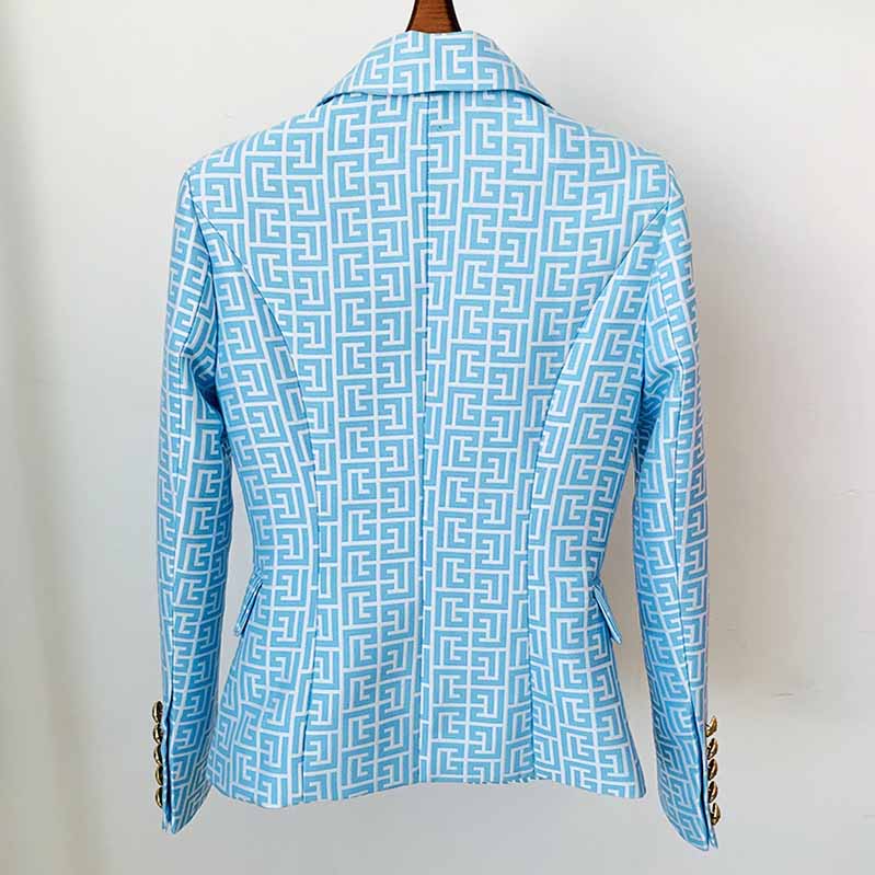 Women's Blue Blazer Labyrinth Pattern Jacket Coats with Gold Buttons