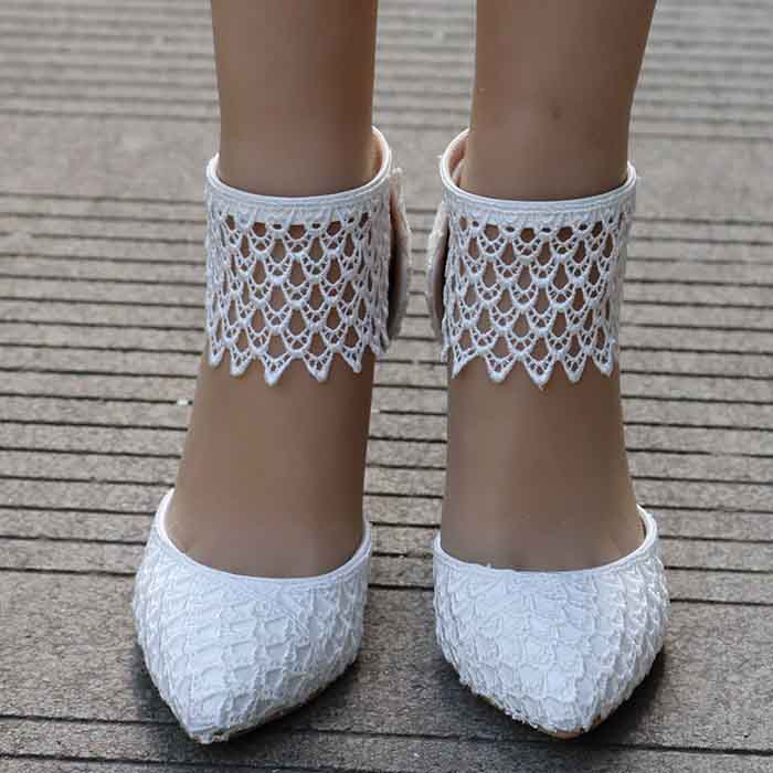 Women High Heels White Lace Wedding Shoes Pointed Toe Bridal Shoes