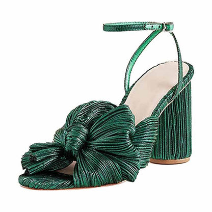 Elegant green bridal bow knot heeled sandals with a chunky heel for stylish wedding looks