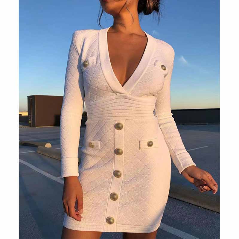 Women White Button-up Knitted Minidress V Neck Long Sleeves ribbed-knit Dress