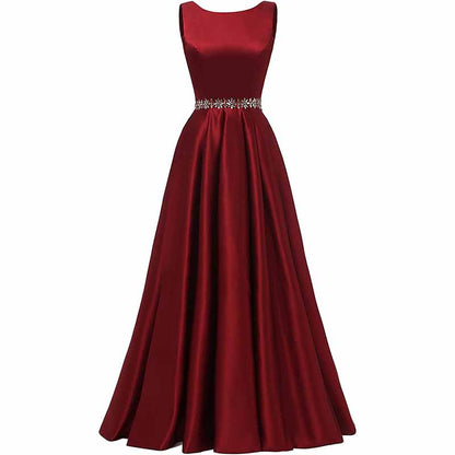 Women Long Prom Dress Satin A-Line with Beaded Belt Formal Evening Gown