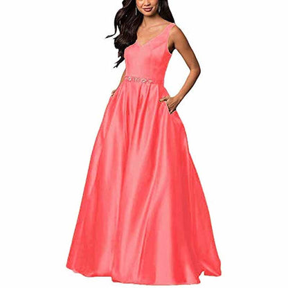 Women's Satin Bridesmaid Dress With Pocket Long Formal Evening Party Maxi Dress