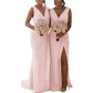 Double V Neck Split Chiffon Bridesmaid Dress Long Formal Evening Prom Party Gown