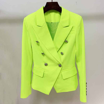 Women's Fitted Silver Lion Buttons Fitted Jacket Blazer Neon Yellow