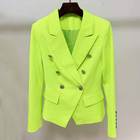 Women's Fitted Silver Lion Buttons Fitted Jacket Blazer Neon Yellow