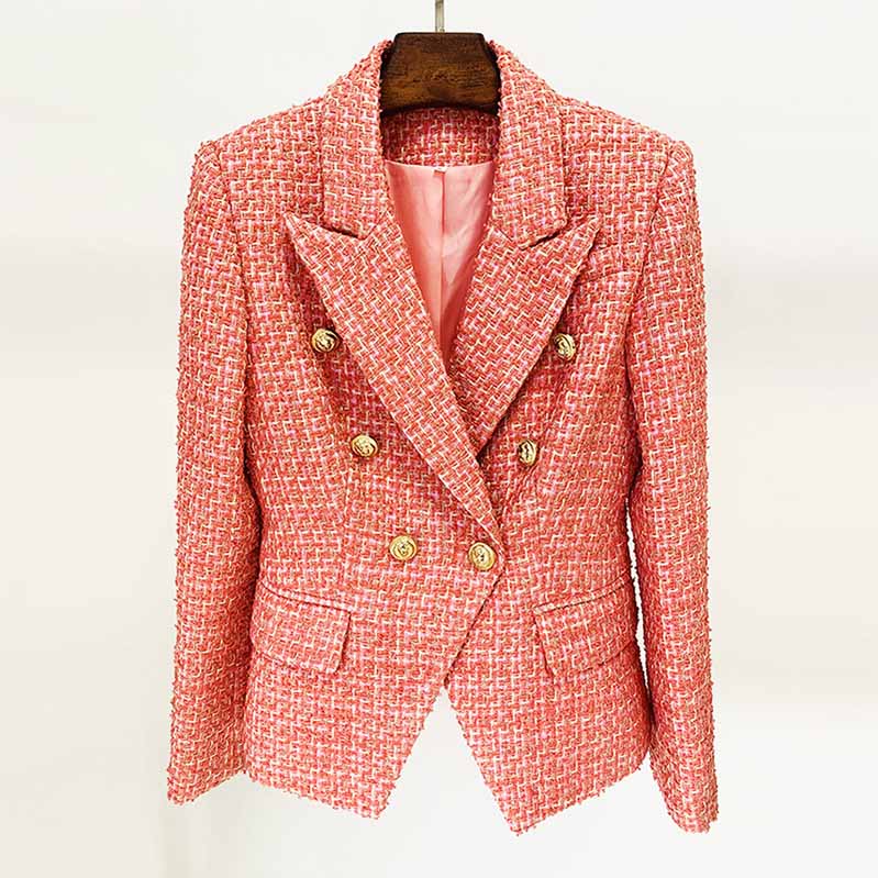 Womens Coral Jacket Gold Double Breasted Blazer Slim Fitting Tweed Coat