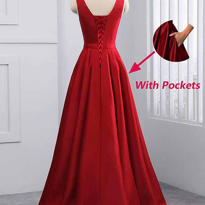 Women's Satin Bridesmaid Dress With Pocket Long Formal Evening Party Maxi Dress