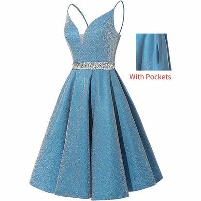 Girls Spaghetti Short Satin Prom Dress V-Neck Beaded Homecoming Evening Party Gowns