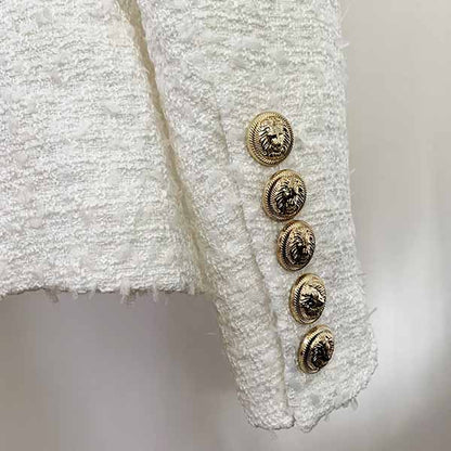 Women's Luxury Double breasts Fitted Tweed Blazer Golden Lion Buttons White