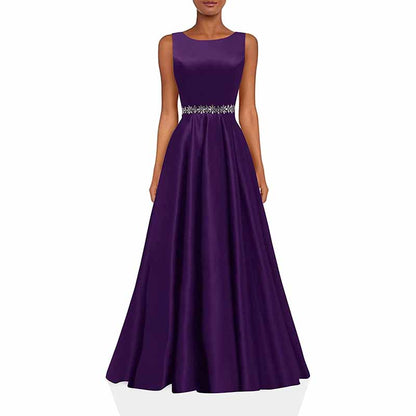 Women Long Prom Dress Satin A-Line with Beaded Belt Formal Evening Gown