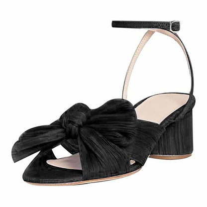 Black bridal bow knot heeled sandals with stylish design and ankle strap for elegant occasions