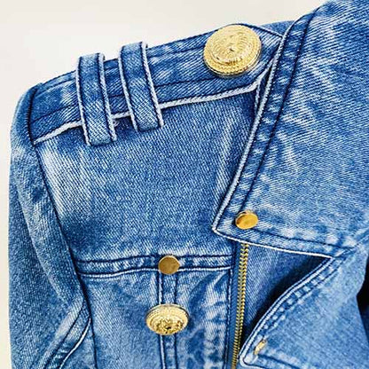 Womens Double Zipper Button Down Denim Biker Jacket