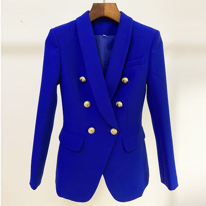 Women's Fitted Gold Lion Buttons Fitted Jacket Royal Blue Blazer