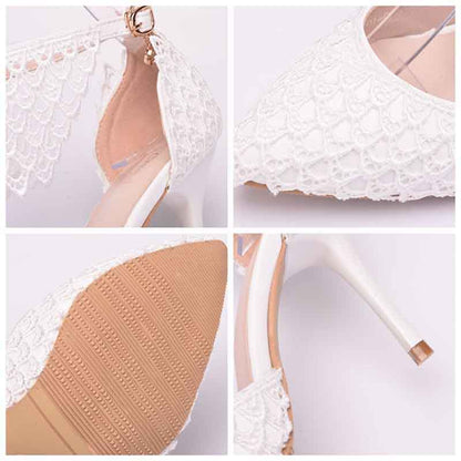 Women High Heels White Lace Wedding Shoes Pointed Toe Bridal Shoes