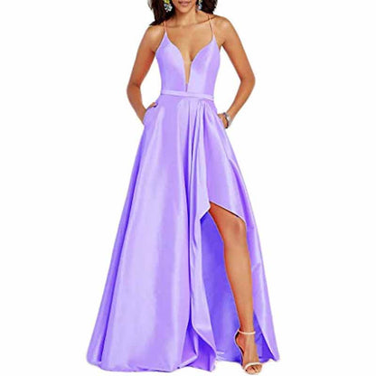 Women's Sexy Satin Deep V Neck Backless Hi Lo Prom Party Evening Dress