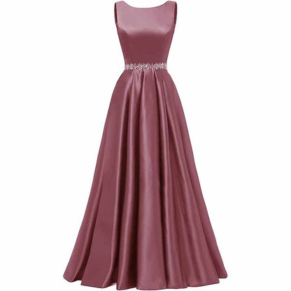 Women Long Prom Dress Satin A-Line with Beaded Belt Formal Evening Gown