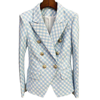 Women's Fitted Golden Lion Buttons Luxury Blue Checked Blazer