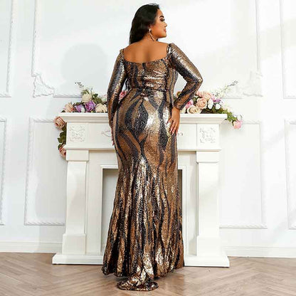 Women Plus Size Tulle Mermaid Sequin Long Sleeve Evening Dress Formal Prom Gowns