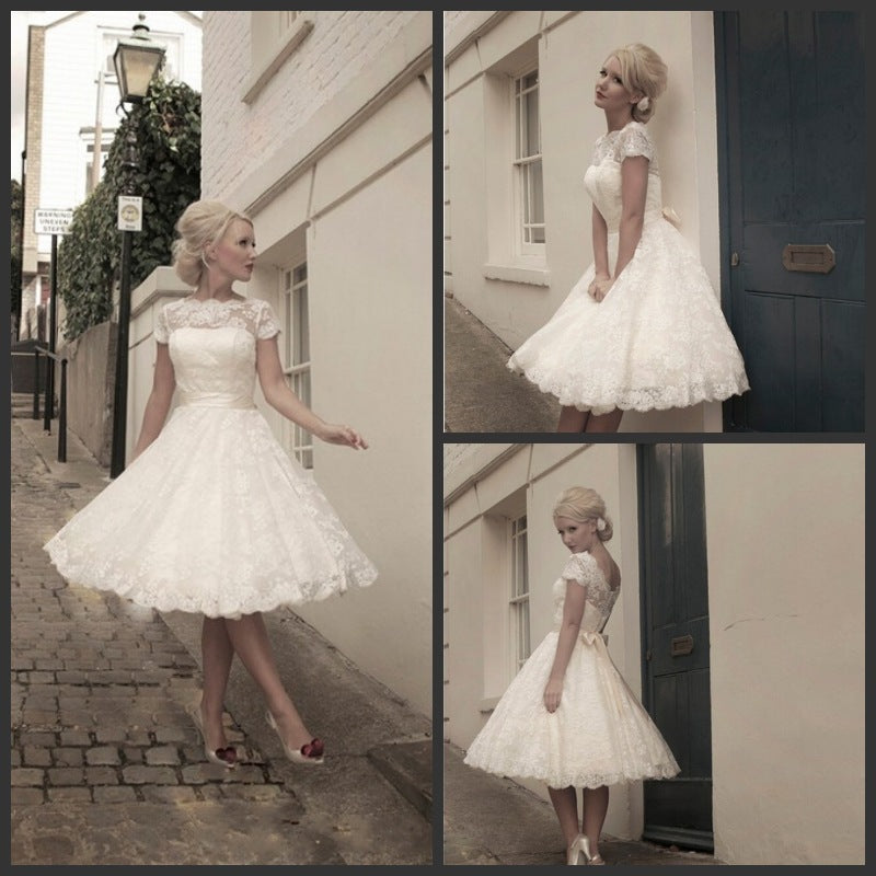 sd-hk White Short Bridesmaid Dress Short Sleeve Wedding Dress Short