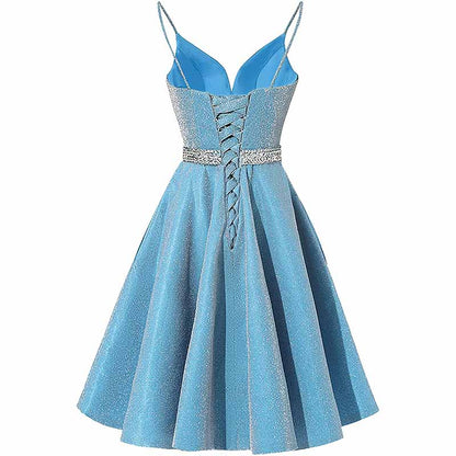 Girls Spaghetti Short Satin Prom Dress V-Neck Beaded Homecoming Evening Party Gowns