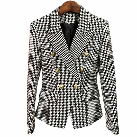 Women's Double Breasted Coat Check Long Sleeve Plaid Blazer Coat