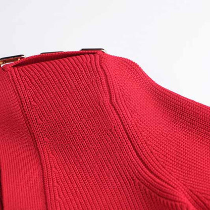 Women Ribbed-knit Red Minidress Short-sleeve Dress V-neck Cockail Dress