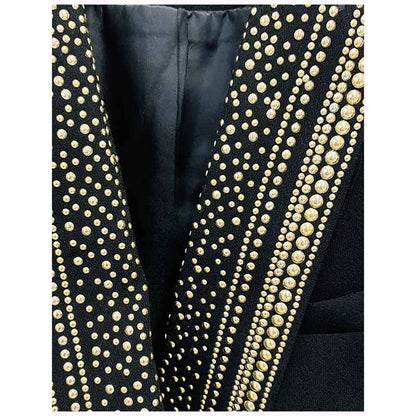 Womens Black Metal Coat Double Breasted Lion Button Blazer with Belt Outwear