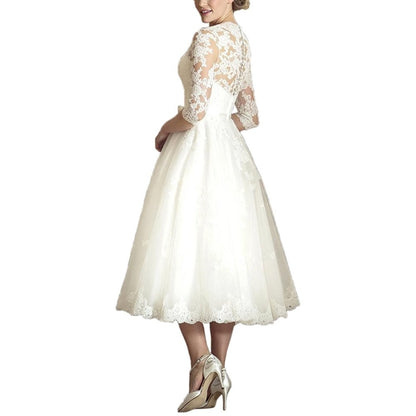 sd-hk Women's Elegant Sheer Vintage Short Lace Wedding Dress for Bride